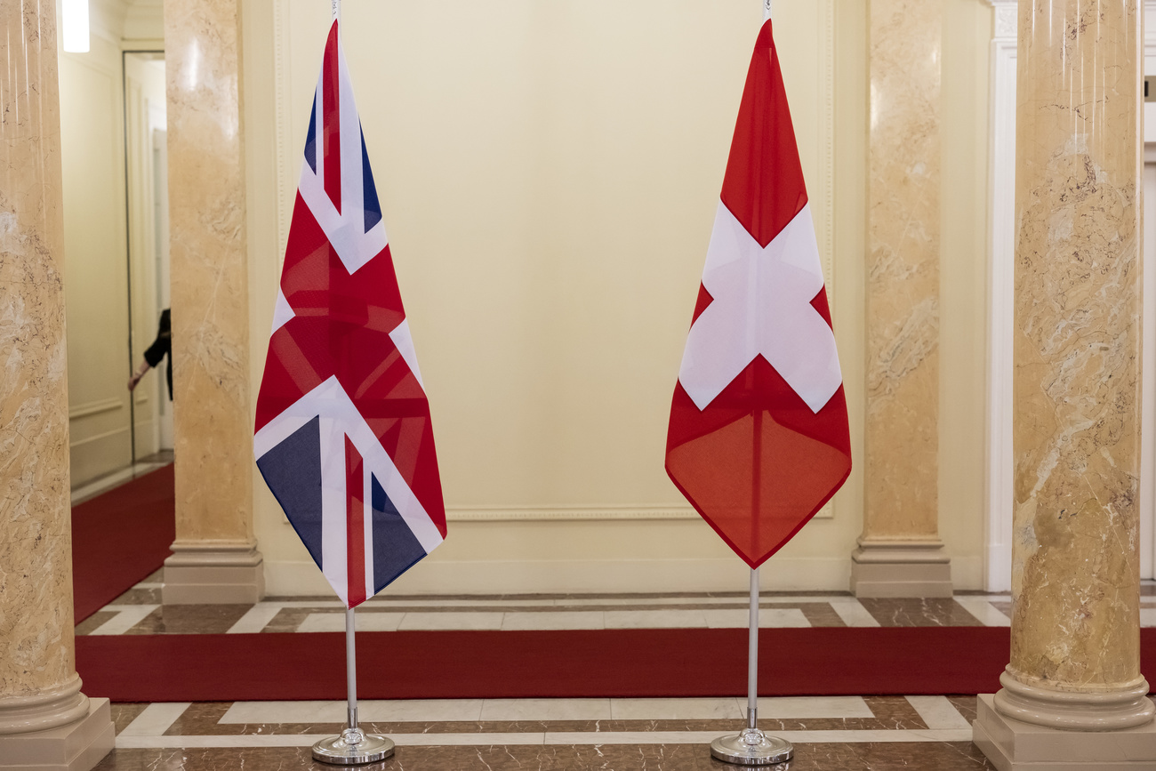 The Union Jack and the Swiss flag are displayed during a bilateral meeting between Swiss and UK delegations, in Bern, Switzerland, Monday, May 15, 2023. (KEYSTONE/Alessandro della Valle)